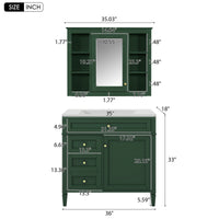 VanityFus 36-in Green Bathroom Vanity Single Sink Medicine Cabinet Combo with Ceramic Top Undermount 2 Soft Close Doors 3 Drawers Adjustable Shelves (Mirror Included)
