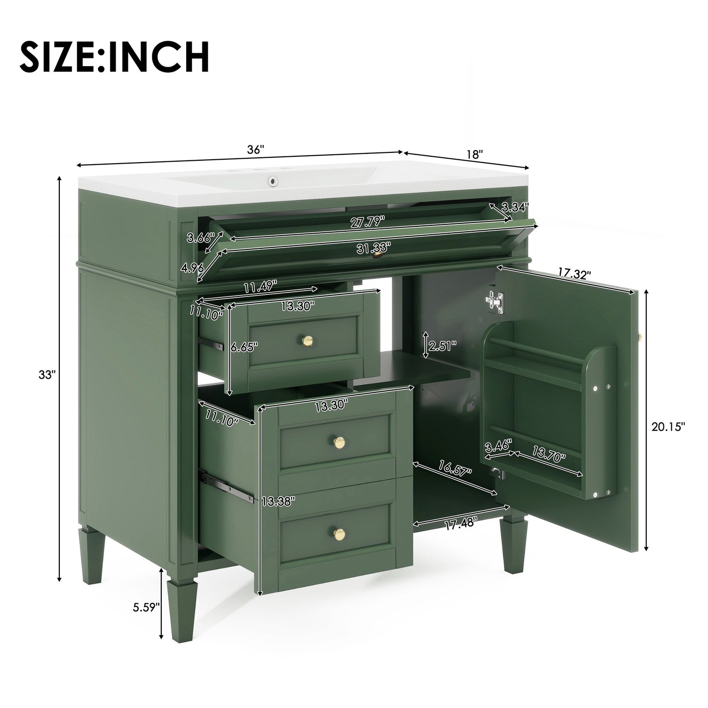 VanityFus 36-in Green Bathroom Vanity Single Sink Medicine Cabinet Combo with Ceramic Top Undermount 2 Soft Close Doors 3 Drawers Adjustable Shelves (Mirror Included)