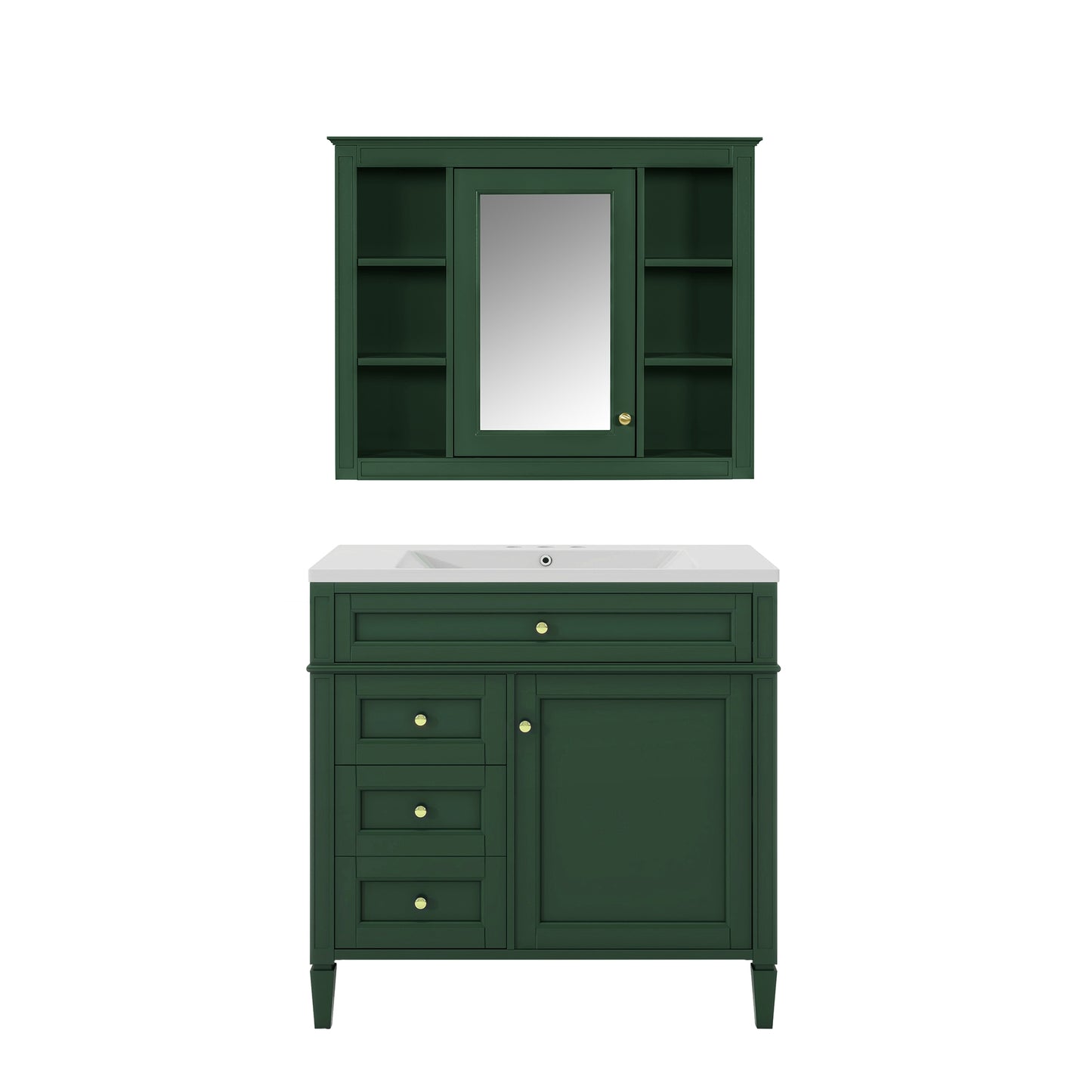 VanityFus 36-in Green Bathroom Vanity Single Sink Medicine Cabinet Combo with Ceramic Top Undermount 2 Soft Close Doors 3 Drawers Adjustable Shelves (Mirror Included)