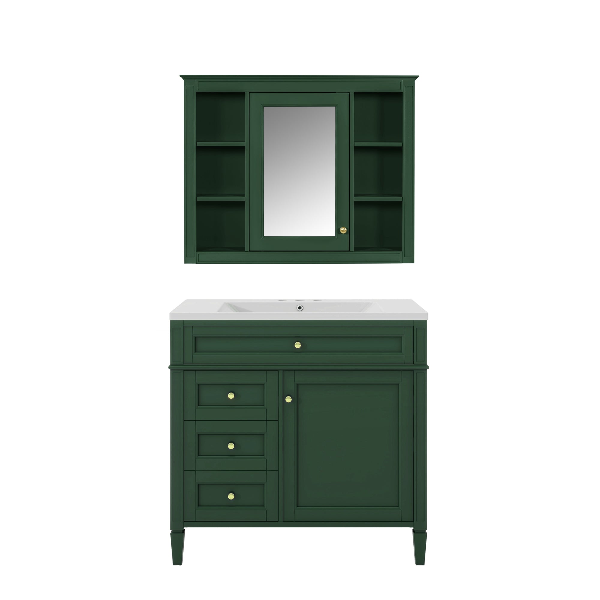 VanityFus 36-in Green Bathroom Vanity Single Sink Medicine Cabinet Combo with Ceramic Top Undermount 2 Soft Close Doors 3 Drawers Adjustable Shelves (Mirror Included)