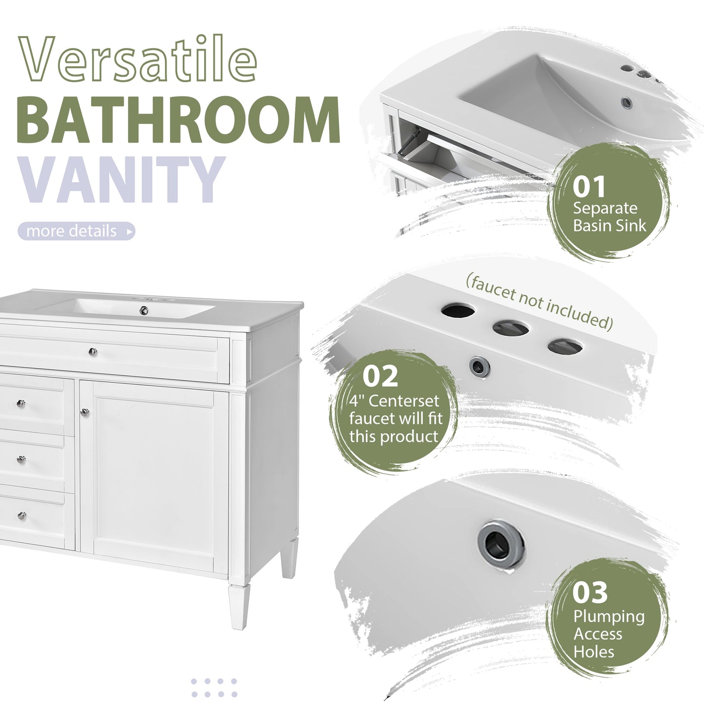 VanityFus 36-in White Bathroom Vanity Single Sink Medicine Cabinet Combo with Ceramic Top Undermount 2 Soft Close Doors 3 Drawers (Mirror Included) Adjustable Shelves