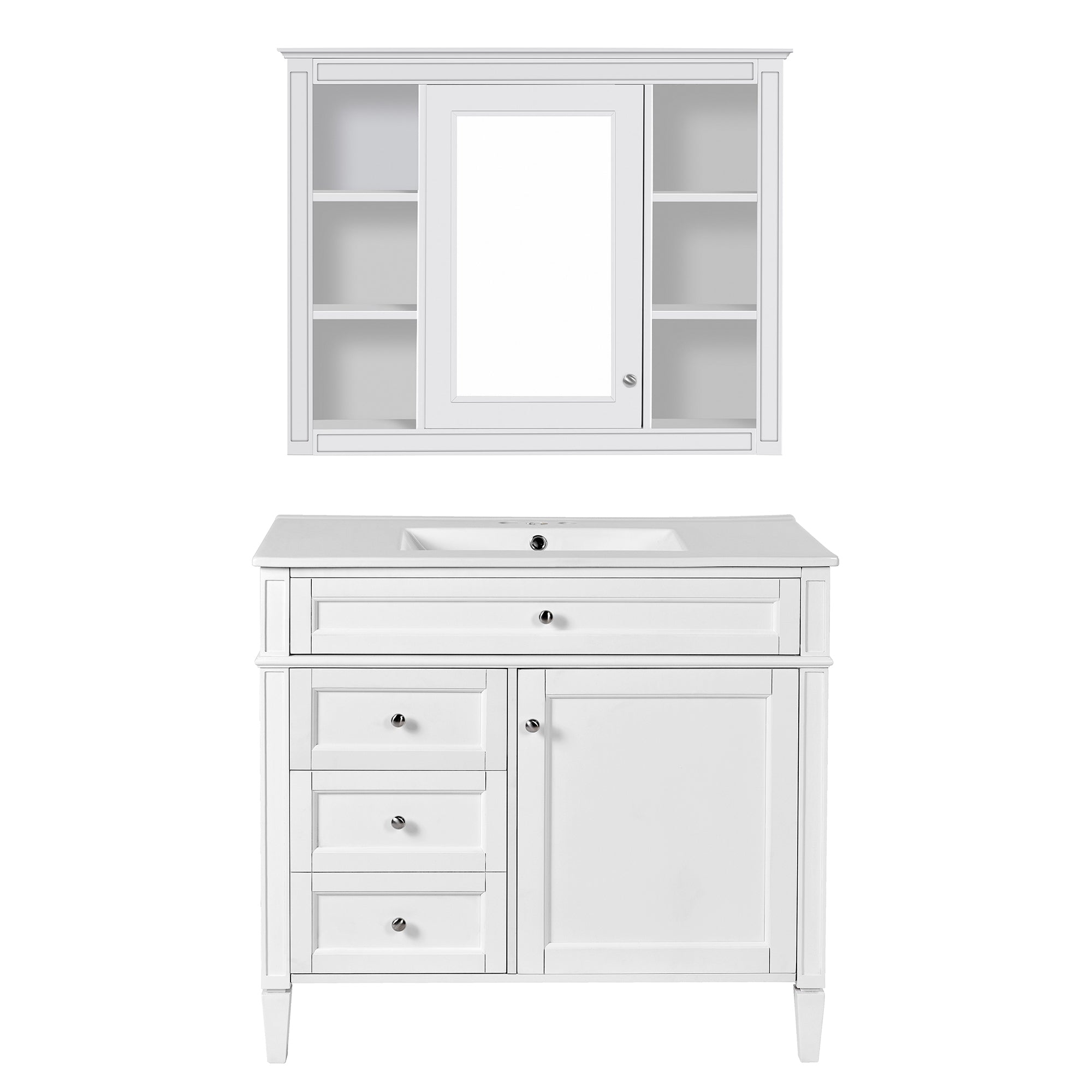 VanityFus 36-in White Bathroom Vanity Single Sink Medicine Cabinet Combo with Ceramic Top Undermount 2 Soft Close Doors 3 Drawers (Mirror Included) Adjustable Shelves
