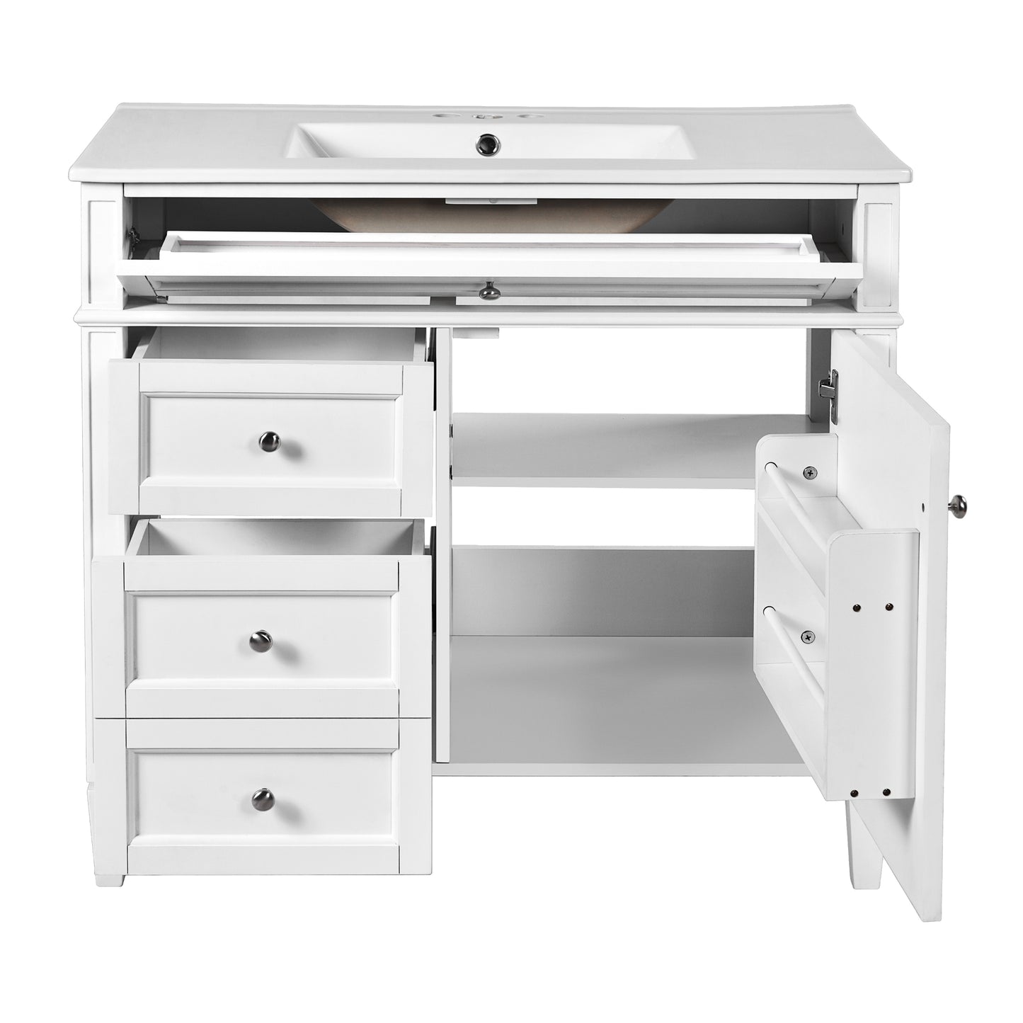VanityFus 36-in White Bathroom Vanity Single Sink Medicine Cabinet Combo with Ceramic Top Undermount 2 Soft Close Doors 3 Drawers (Mirror Included) Adjustable Shelves