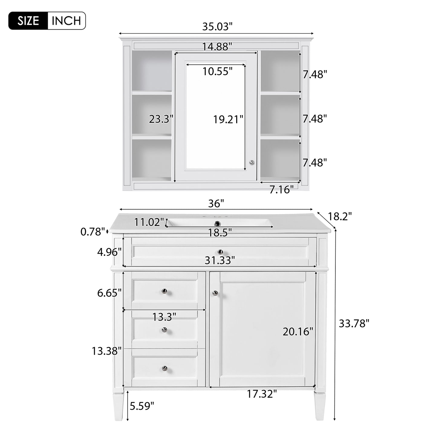 VanityFus 36-in White Bathroom Vanity Single Sink Medicine Cabinet Combo with Ceramic Top Undermount 2 Soft Close Doors 3 Drawers (Mirror Included) Adjustable Shelves
