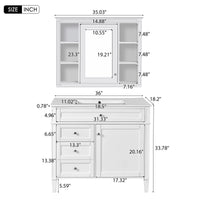 VanityFus 36-in White Bathroom Vanity Single Sink Medicine Cabinet Combo with Ceramic Top Undermount 2 Soft Close Doors 3 Drawers (Mirror Included) Adjustable Shelves