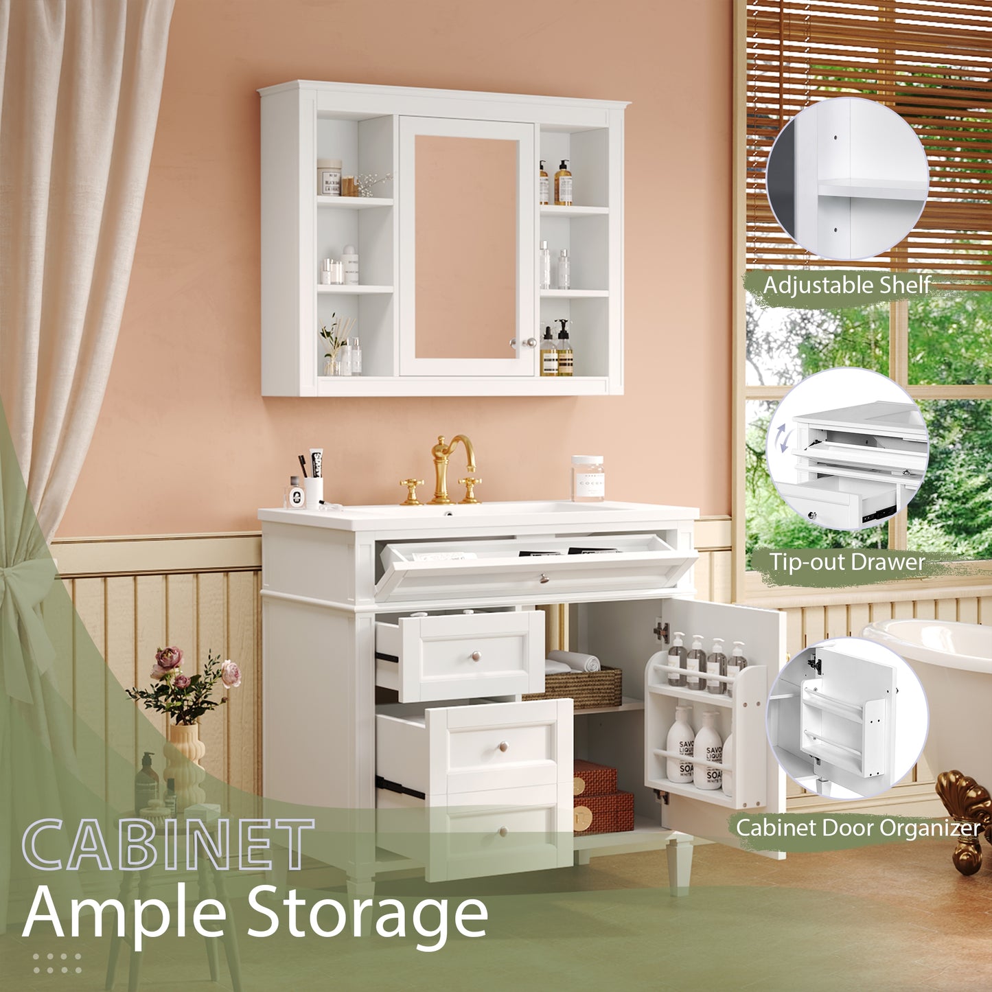 VanityFus 36-in White Bathroom Vanity Single Sink Medicine Cabinet Combo with Ceramic Top Undermount 2 Soft Close Doors 3 Drawers (Mirror Included) Adjustable Shelves