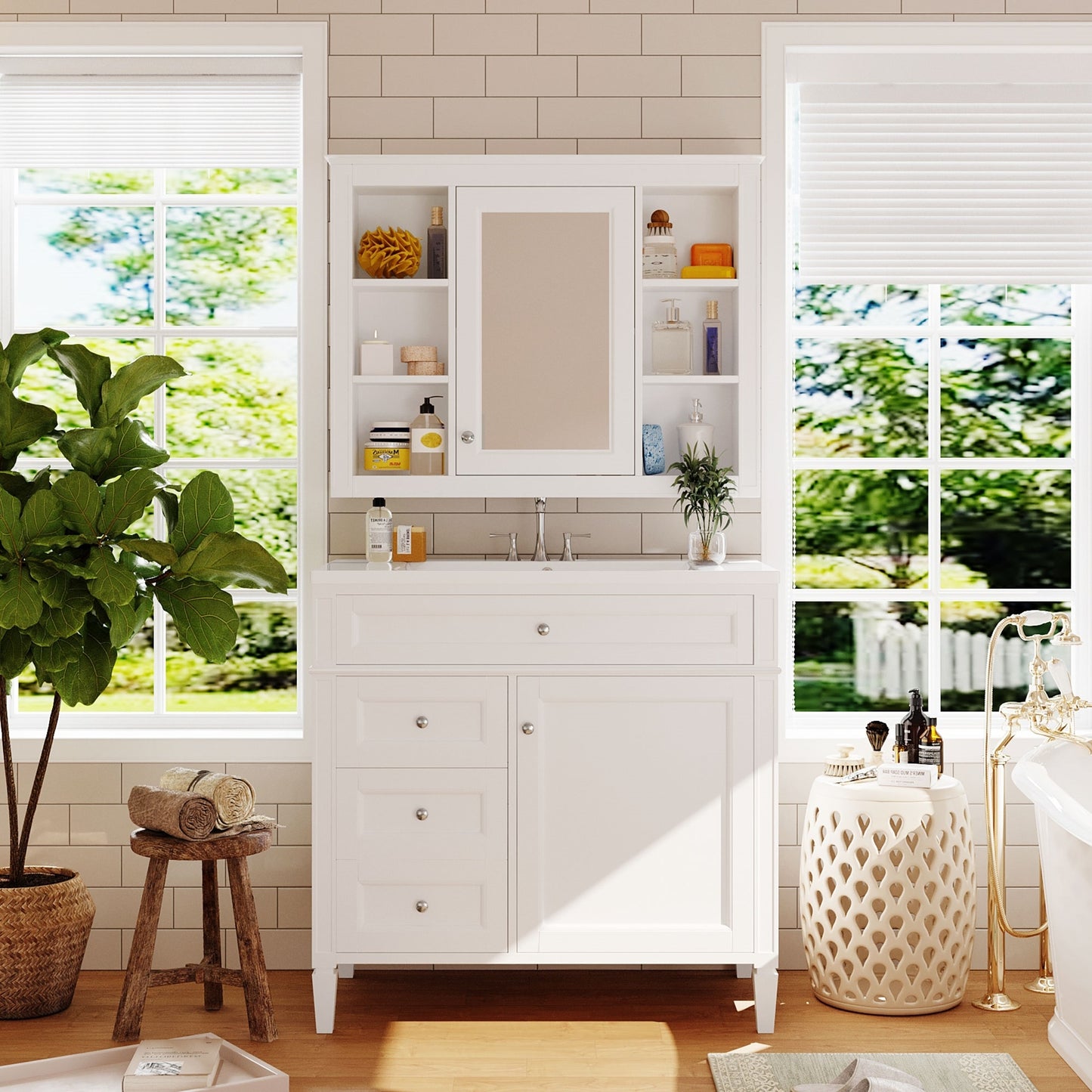 VanityFus 36-in White Bathroom Vanity Single Sink Medicine Cabinet Combo with Ceramic Top Undermount 2 Soft Close Doors 3 Drawers Adjustable Shelves (Mirror Included)