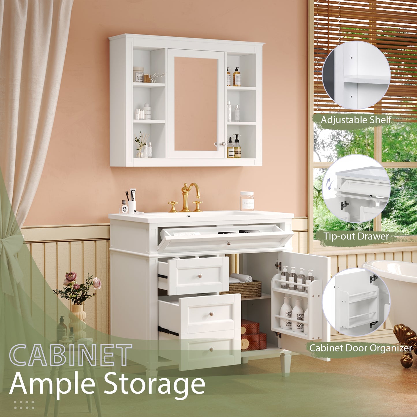 VanityFus 36-in White Bathroom Vanity Single Sink Medicine Cabinet Combo with Ceramic Top Undermount 2 Soft Close Doors 3 Drawers Adjustable Shelves (Mirror Included)