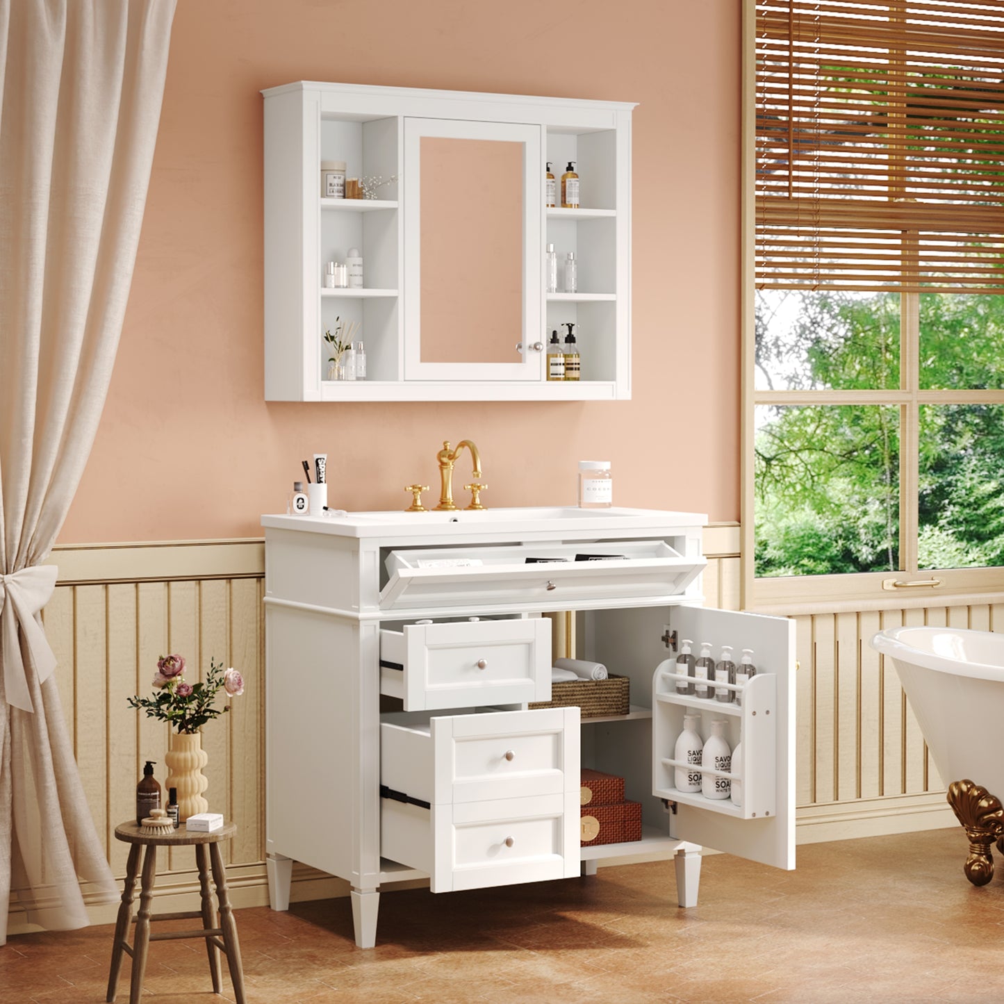 VanityFus 36-in White Bathroom Vanity Single Sink Medicine Cabinet Combo with Ceramic Top Undermount 2 Soft Close Doors 3 Drawers Adjustable Shelves (Mirror Included)