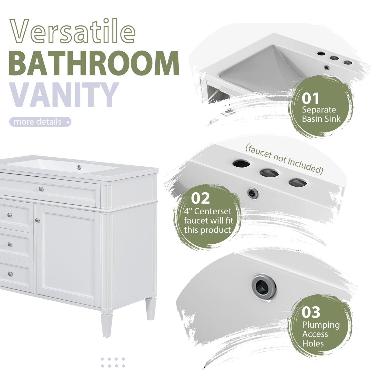 VanityFus 36-in White Bathroom Vanity Single Sink Medicine Cabinet Combo with Ceramic Top Undermount 2 Soft Close Doors 3 Drawers Adjustable Shelves (Mirror Included)