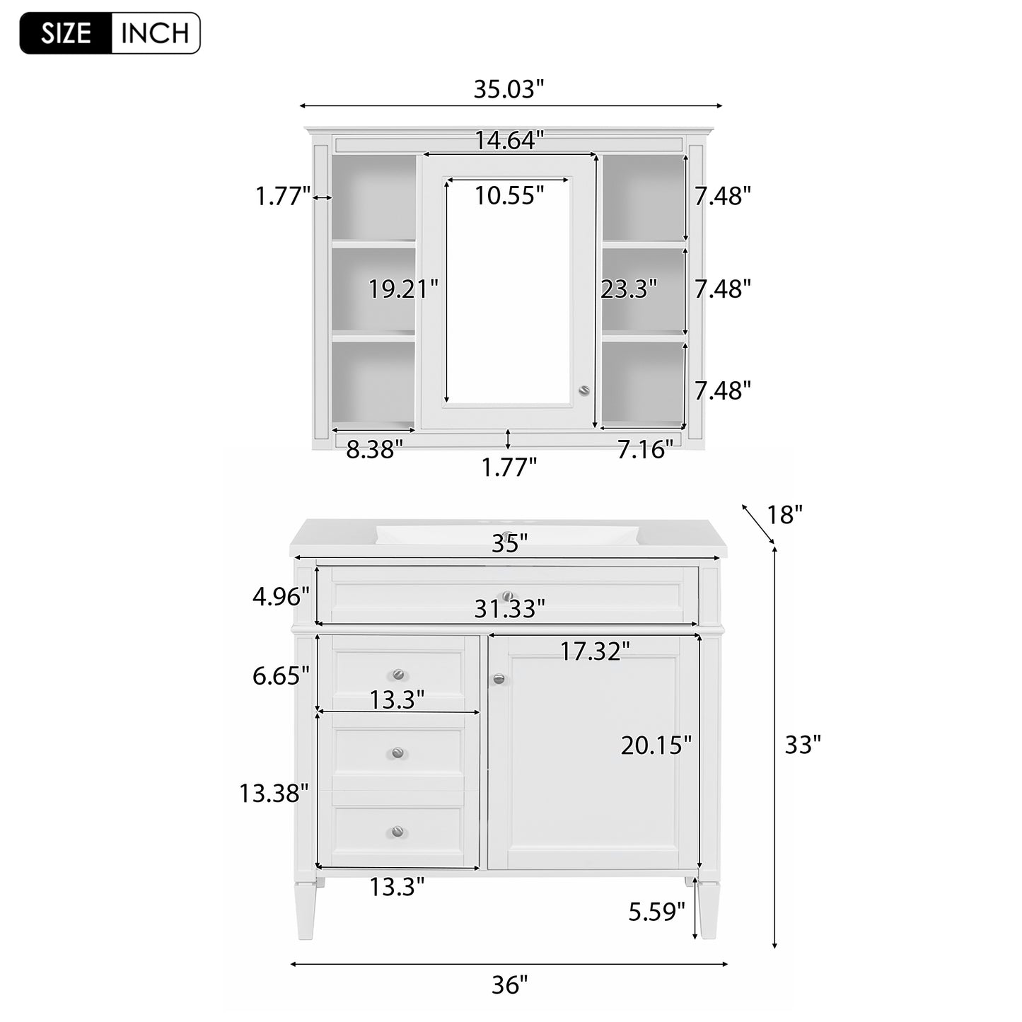 VanityFus 36-in White Bathroom Vanity Single Sink Medicine Cabinet Combo with Ceramic Top Undermount 2 Soft Close Doors 3 Drawers Adjustable Shelves (Mirror Included)