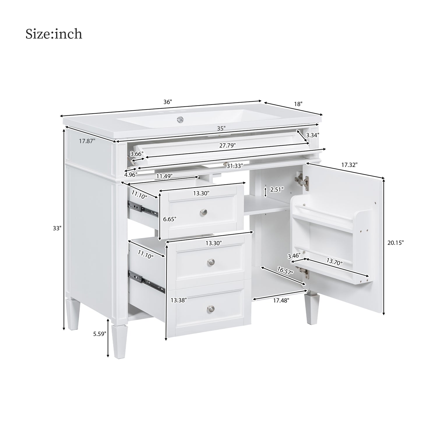 VanityFus 36-in White Bathroom Vanity Single Sink Medicine Cabinet Combo with Ceramic Top Undermount 2 Soft Close Doors 3 Drawers Adjustable Shelves (Mirror Included)