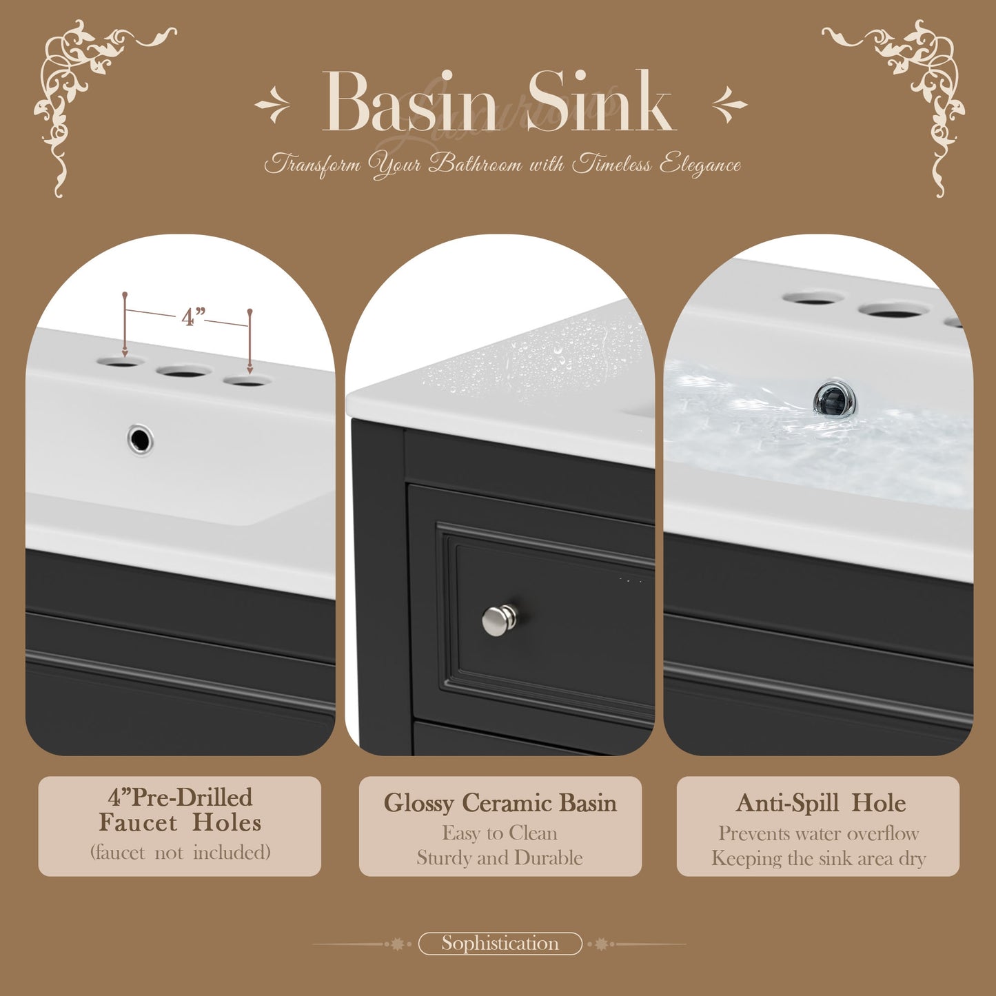 VanityFus 36-in Black Bathroom Vanity Single Sink Medicine Cabinet Combo with Ceramic Top Undermount 1 Door 5 Drawers (Mirror Included)