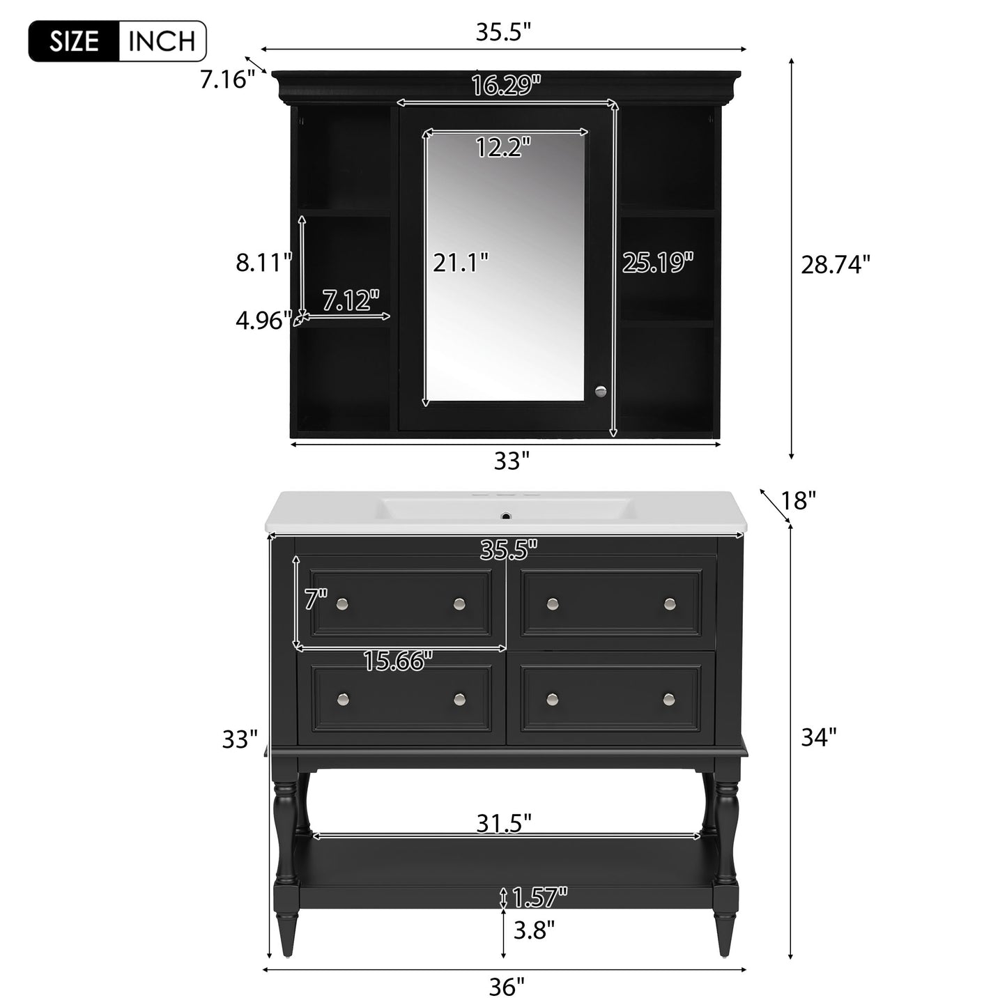 VanityFus 36-in Black Bathroom Vanity Single Sink Medicine Cabinet Combo with Ceramic Top Undermount 1 Door 5 Drawers (Mirror Included)