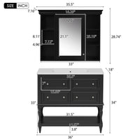 VanityFus 36-in Black Bathroom Vanity Single Sink Medicine Cabinet Combo with Ceramic Top Undermount 1 Door 5 Drawers (Mirror Included)