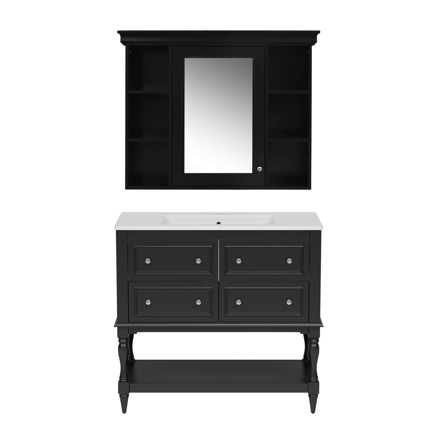 VanityFus 36-in Black Bathroom Vanity Single Sink Medicine Cabinet Combo with Ceramic Top Undermount 1 Door 5 Drawers (Mirror Included)