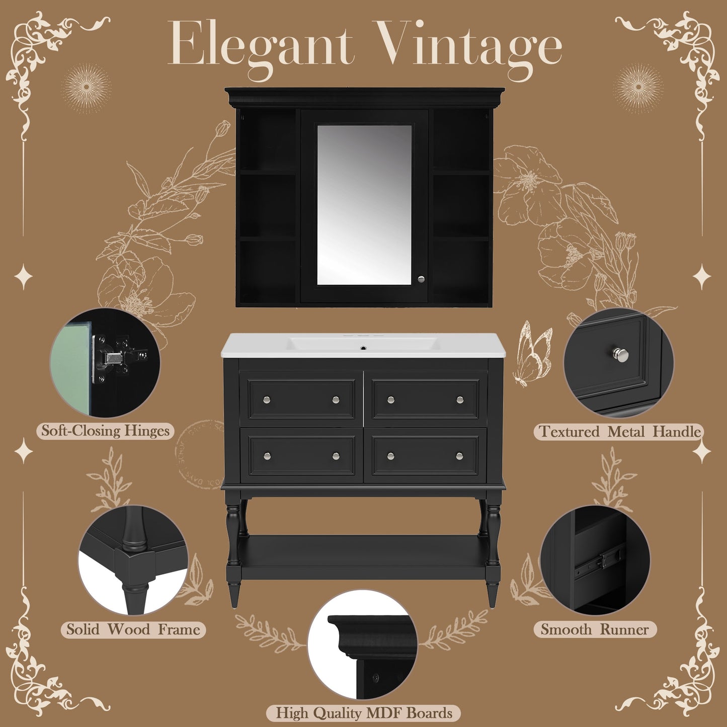 VanityFus 36-in Black Bathroom Vanity Single Sink Medicine Cabinet Combo with Ceramic Top Undermount 1 Door 5 Drawers (Mirror Included)