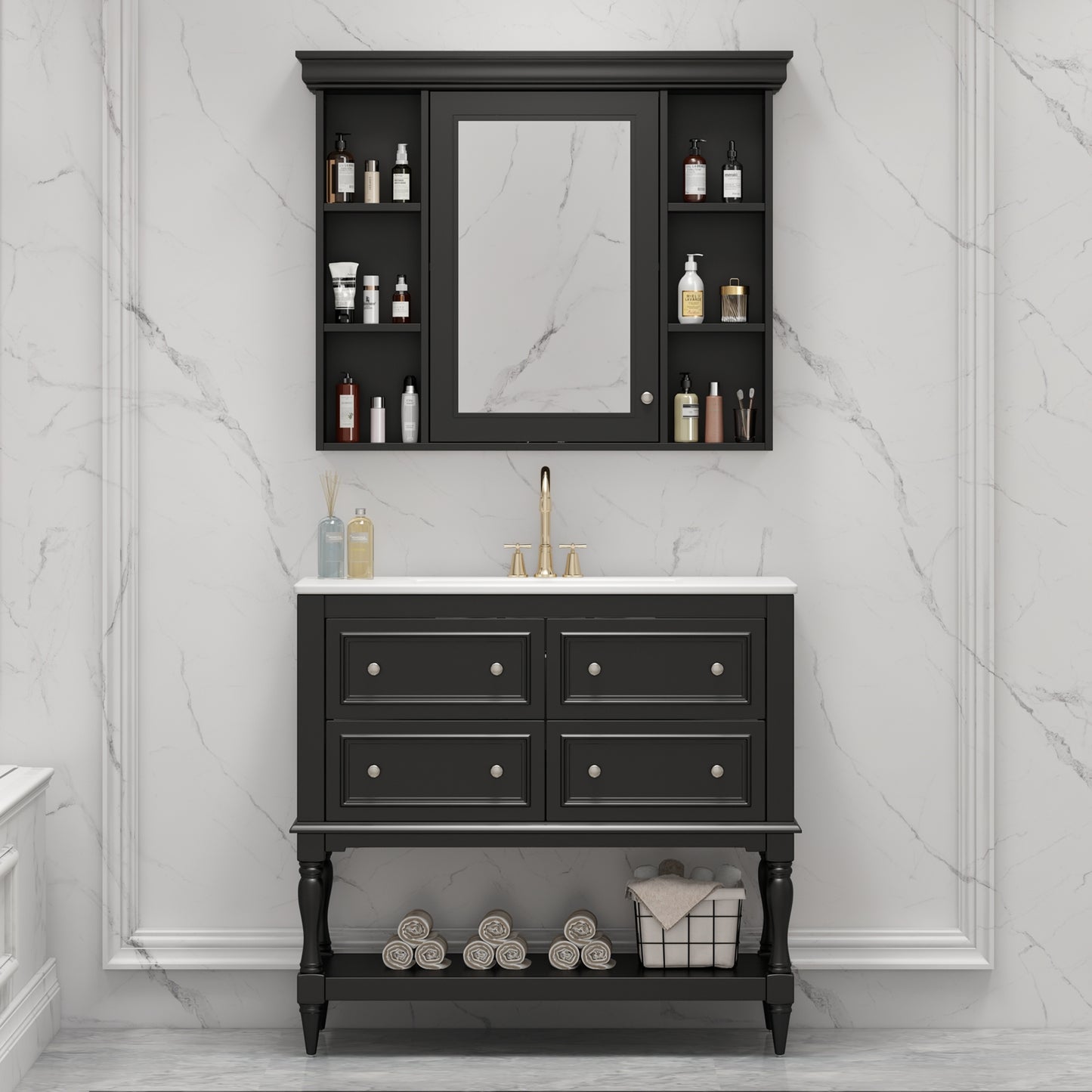 VanityFus 36-in Black Bathroom Vanity Single Sink Medicine Cabinet Combo with Ceramic Top Undermount 1 Door 5 Drawers (Mirror Included)