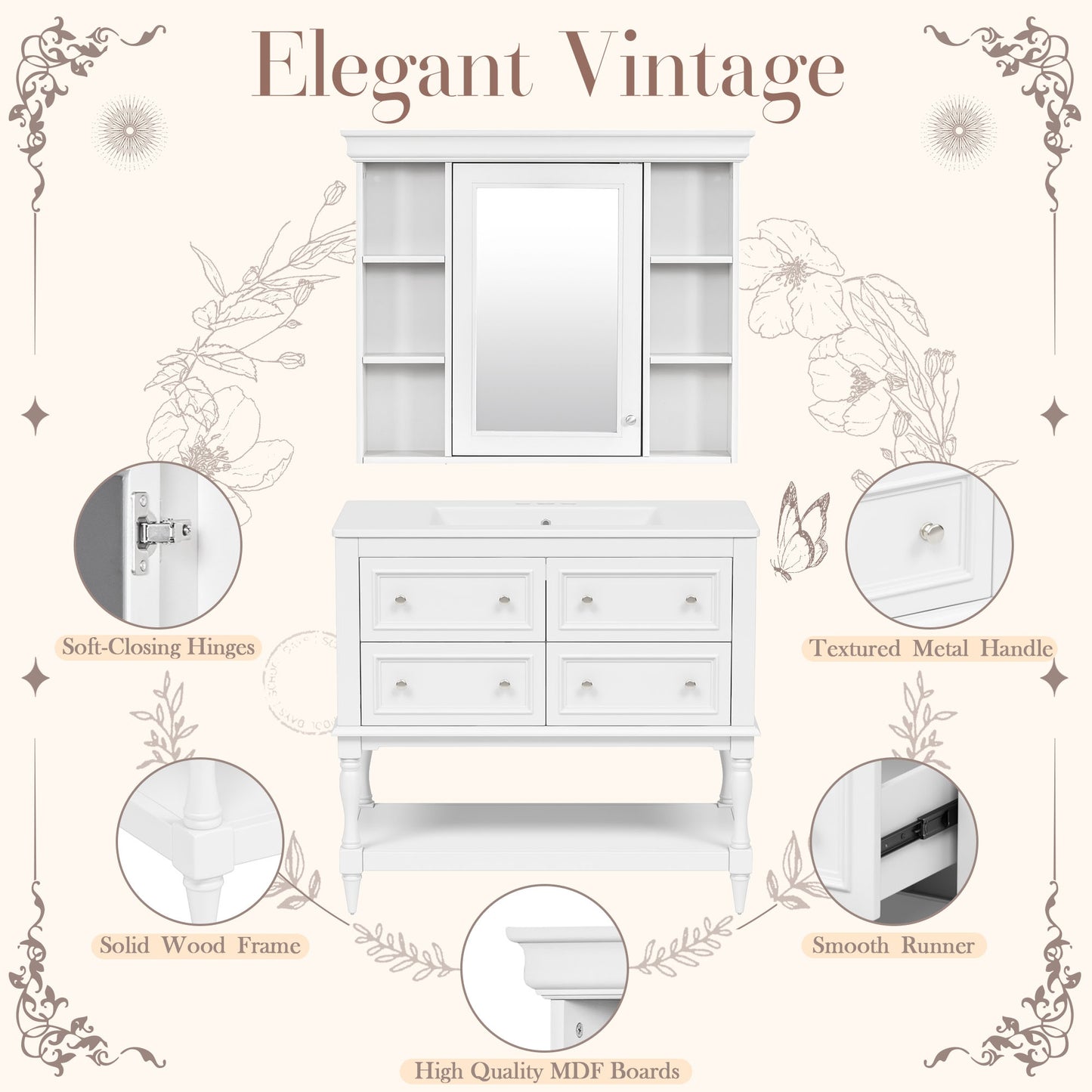 VanityFus 36-in White Bathroom Vanity Single Sink Medicine Cabinet Combo with Ceramic Top Undermount 1 Door 5 Drawers (Mirror Included)