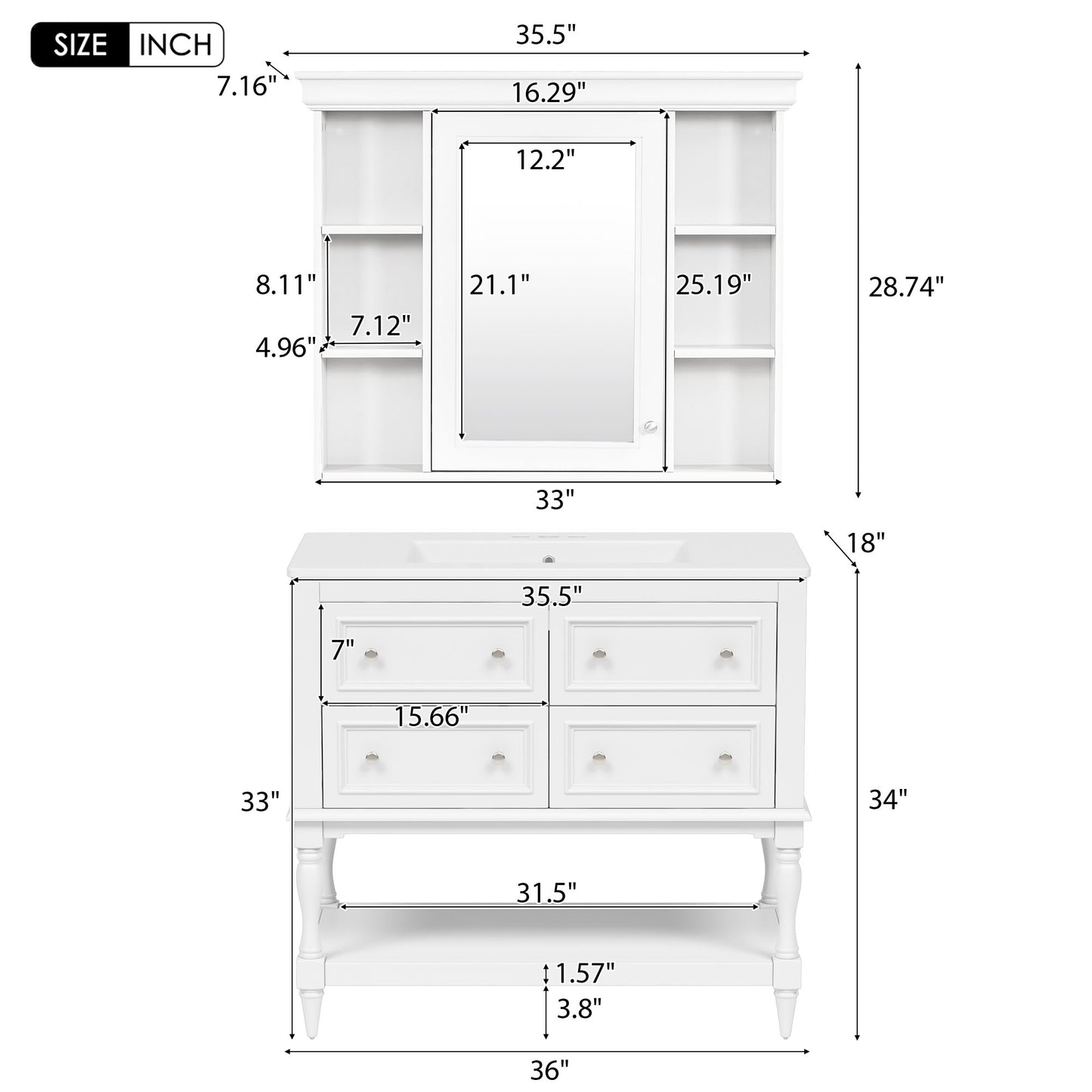 VanityFus 36-in White Bathroom Vanity Single Sink Medicine Cabinet Combo with Ceramic Top Undermount 1 Door 5 Drawers (Mirror Included)
