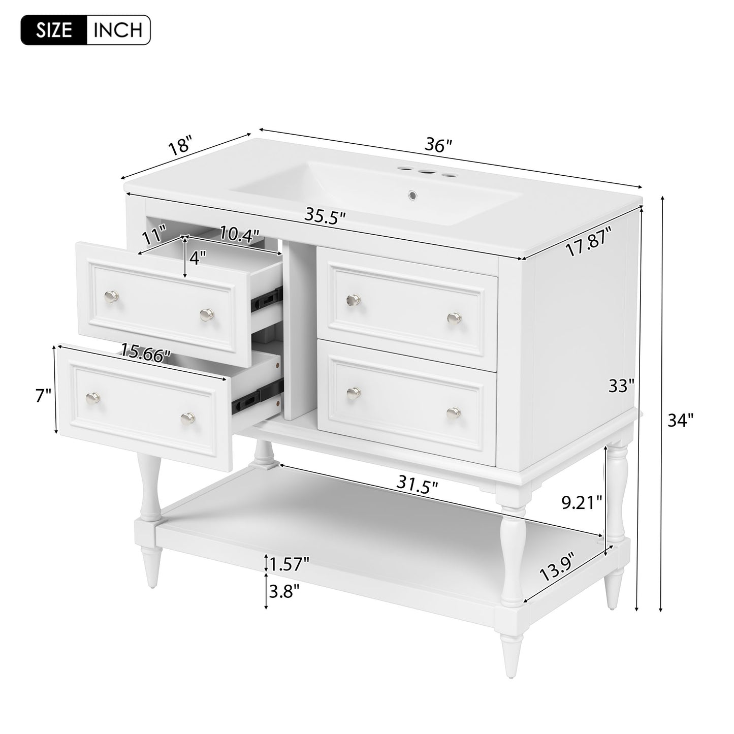 VanityFus 36-in White Bathroom Vanity Single Sink Medicine Cabinet Combo with Ceramic Top Undermount 1 Door 5 Drawers (Mirror Included)