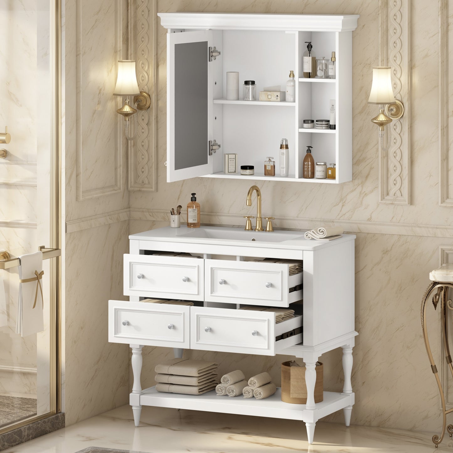 VanityFus 36-in White Bathroom Vanity Single Sink Medicine Cabinet Combo with Ceramic Top Undermount 1 Door 5 Drawers (Mirror Included)