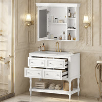VanityFus 36-in White Bathroom Vanity Single Sink Medicine Cabinet Combo with Ceramic Top Undermount 1 Door 5 Drawers (Mirror Included)