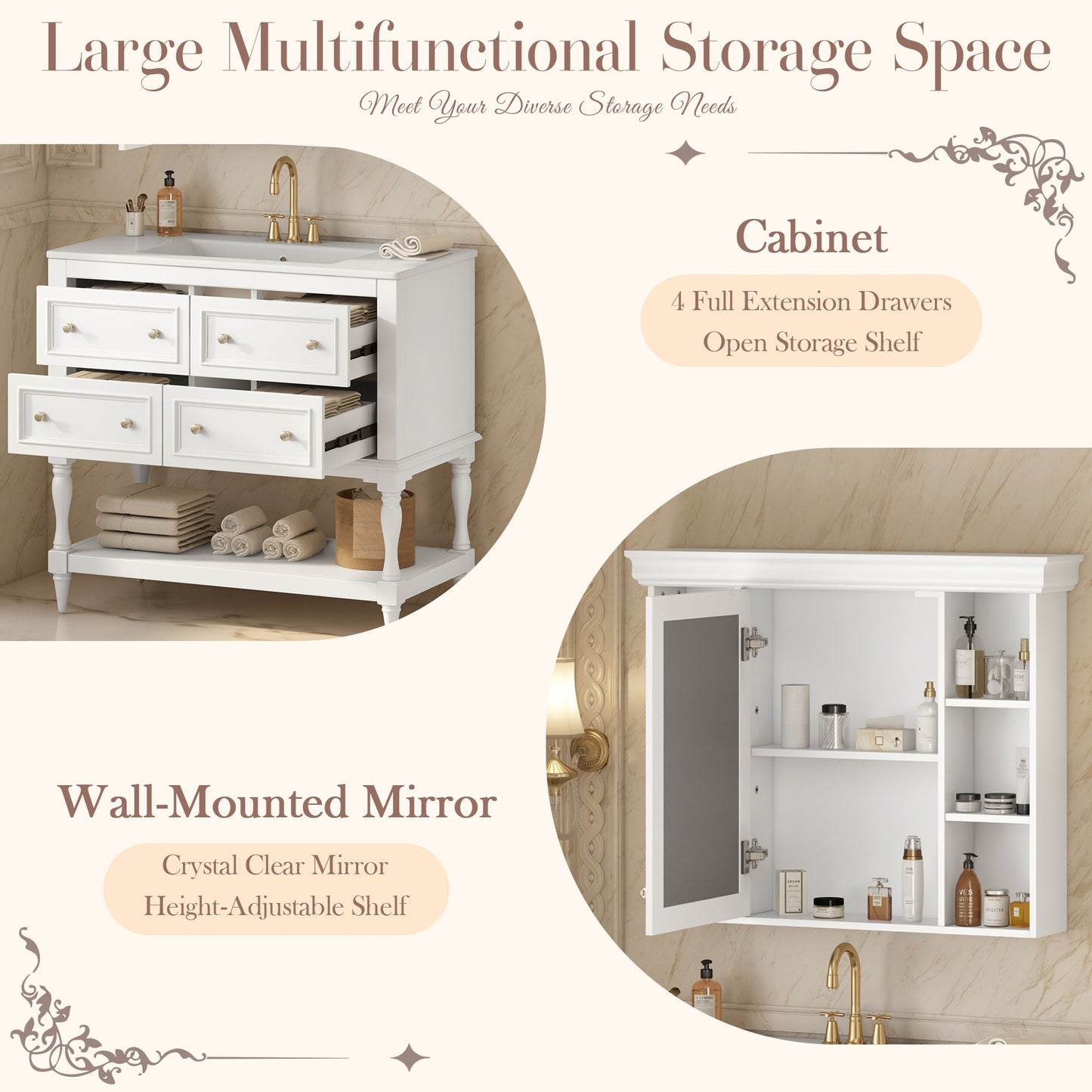 VanityFus 36-in White Bathroom Vanity Single Sink Medicine Cabinet Combo with Ceramic Top Undermount 1 Door 5 Drawers (Mirror Included)