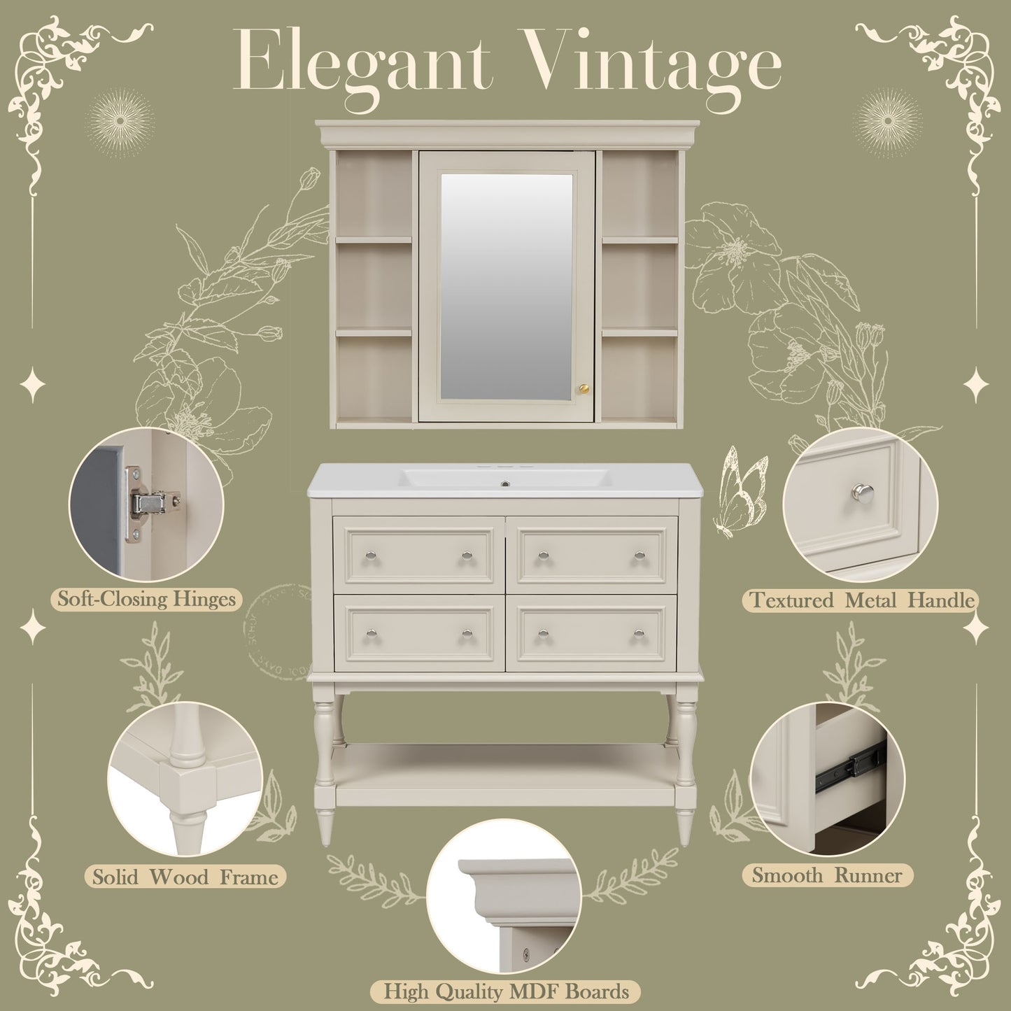 VanityFus 36-in Beige Bathroom Vanity Single Sink Medicine Cabinet Combo with Ceramic Top Undermount 1 Door 5 Drawers (Mirror Included)
