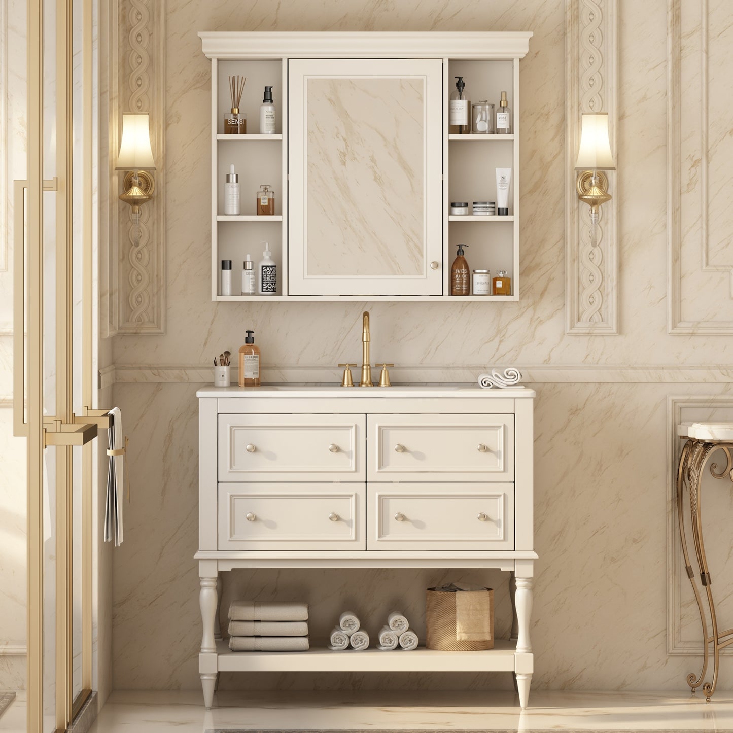 VanityFus 36-in Beige Bathroom Vanity Single Sink Medicine Cabinet Combo with Ceramic Top Undermount 1 Door 5 Drawers (Mirror Included)