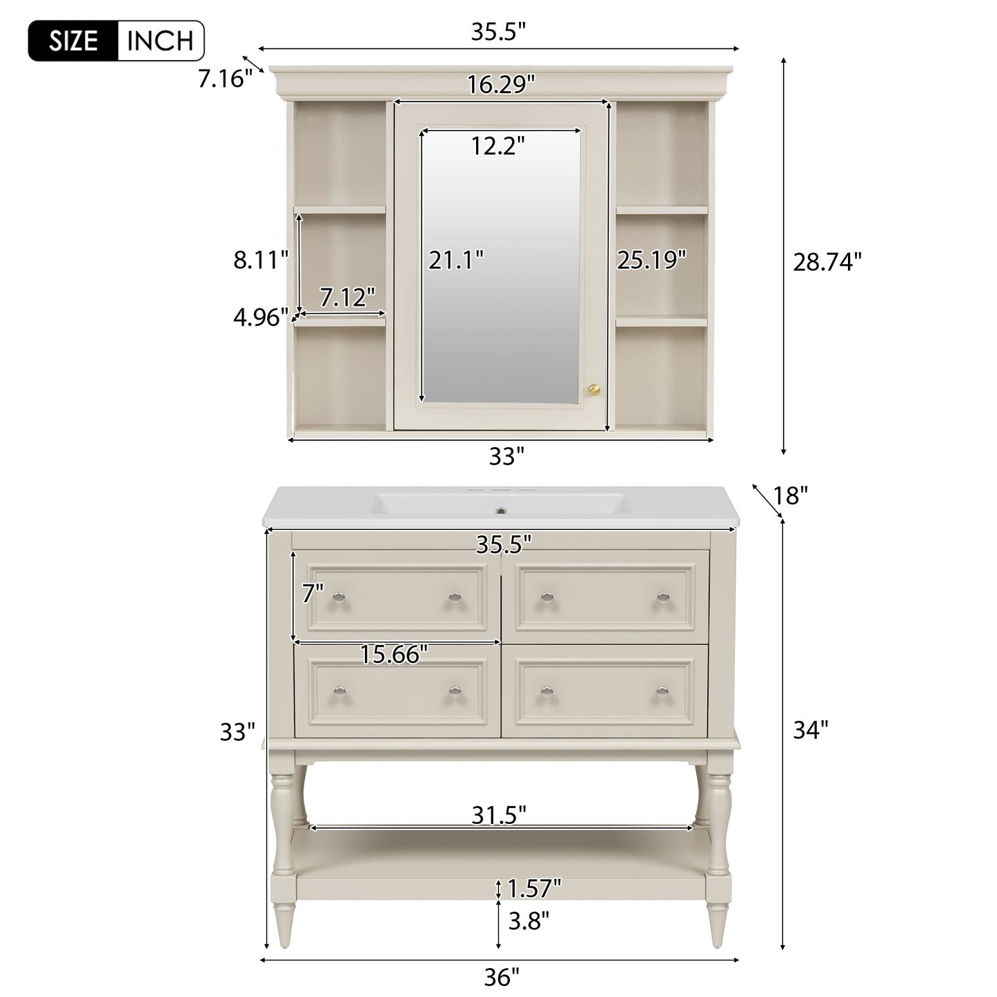 VanityFus 36-in Beige Bathroom Vanity Single Sink Medicine Cabinet Combo with Ceramic Top Undermount 1 Door 5 Drawers (Mirror Included)