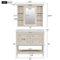 VanityFus 36-in Beige Bathroom Vanity Single Sink Medicine Cabinet Combo with Ceramic Top Undermount 1 Door 5 Drawers (Mirror Included)