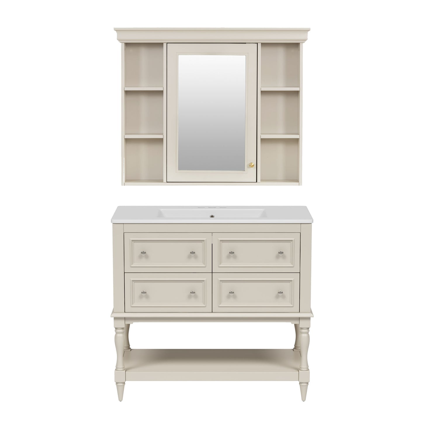 VanityFus 36-in Beige Bathroom Vanity Single Sink Medicine Cabinet Combo with Ceramic Top Undermount 1 Door 5 Drawers (Mirror Included)