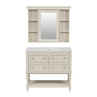 VanityFus 36-in Beige Bathroom Vanity Single Sink Medicine Cabinet Combo with Ceramic Top Undermount 1 Door 5 Drawers (Mirror Included)