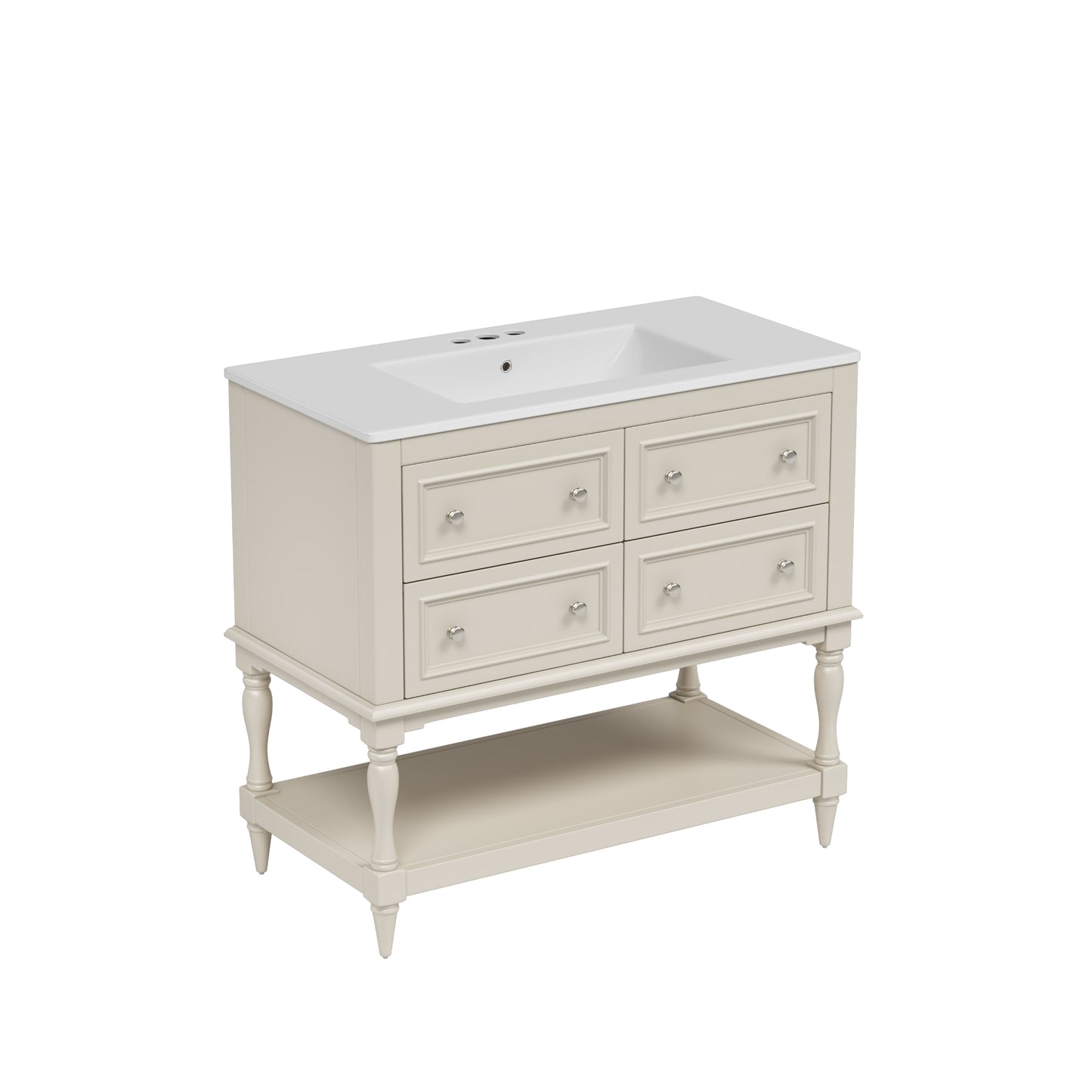 VanityFus 36-in Beige Bathroom Vanity Single Sink Medicine Cabinet Combo with Ceramic Top Undermount 1 Door 5 Drawers (Mirror Included)