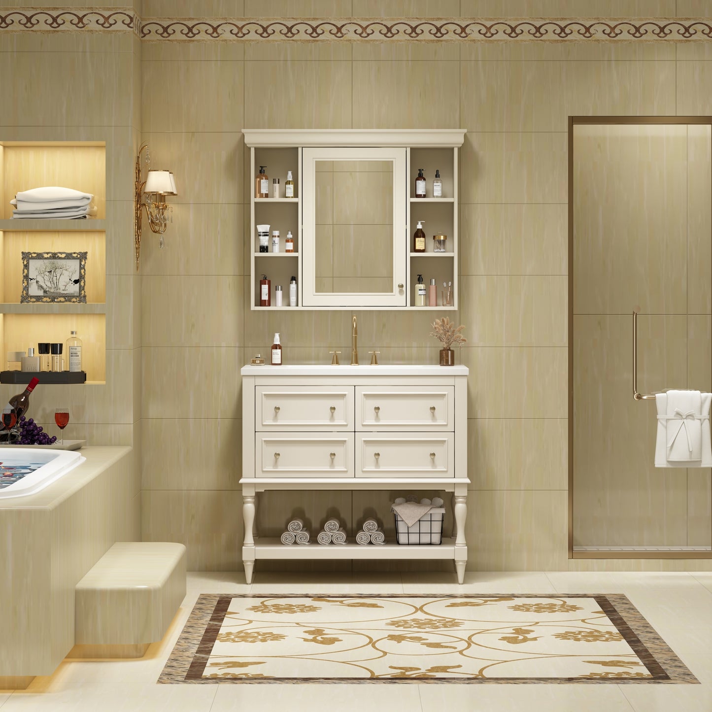 VanityFus 36-in Beige Bathroom Vanity Single Sink Medicine Cabinet Combo with Ceramic Top Undermount 1 Door 5 Drawers (Mirror Included)