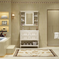 VanityFus 36-in Beige Bathroom Vanity Single Sink Medicine Cabinet Combo with Ceramic Top Undermount 1 Door 5 Drawers (Mirror Included)
