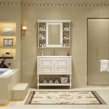 VanityFus 36-in Beige Bathroom Vanity Single Sink Medicine Cabinet Combo with Ceramic Top Undermount 1 Door 5 Drawers (Mirror Included)