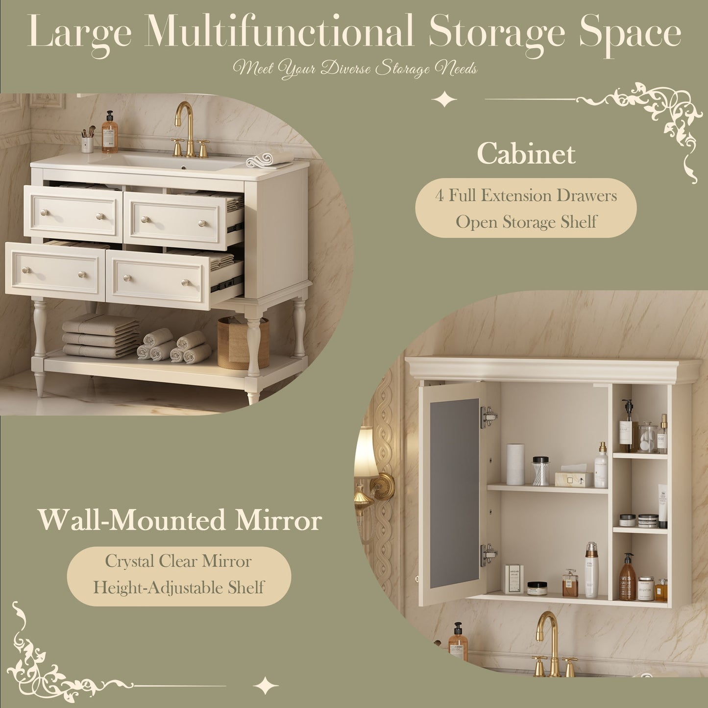 VanityFus 36-in Beige Bathroom Vanity Single Sink Medicine Cabinet Combo with Ceramic Top Undermount 1 Door 5 Drawers (Mirror Included)