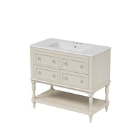 VanityFus 36-in Beige Bathroom Vanity Single Sink Medicine Cabinet Combo with Ceramic Top Undermount 1 Door 5 Drawers (Mirror Included)