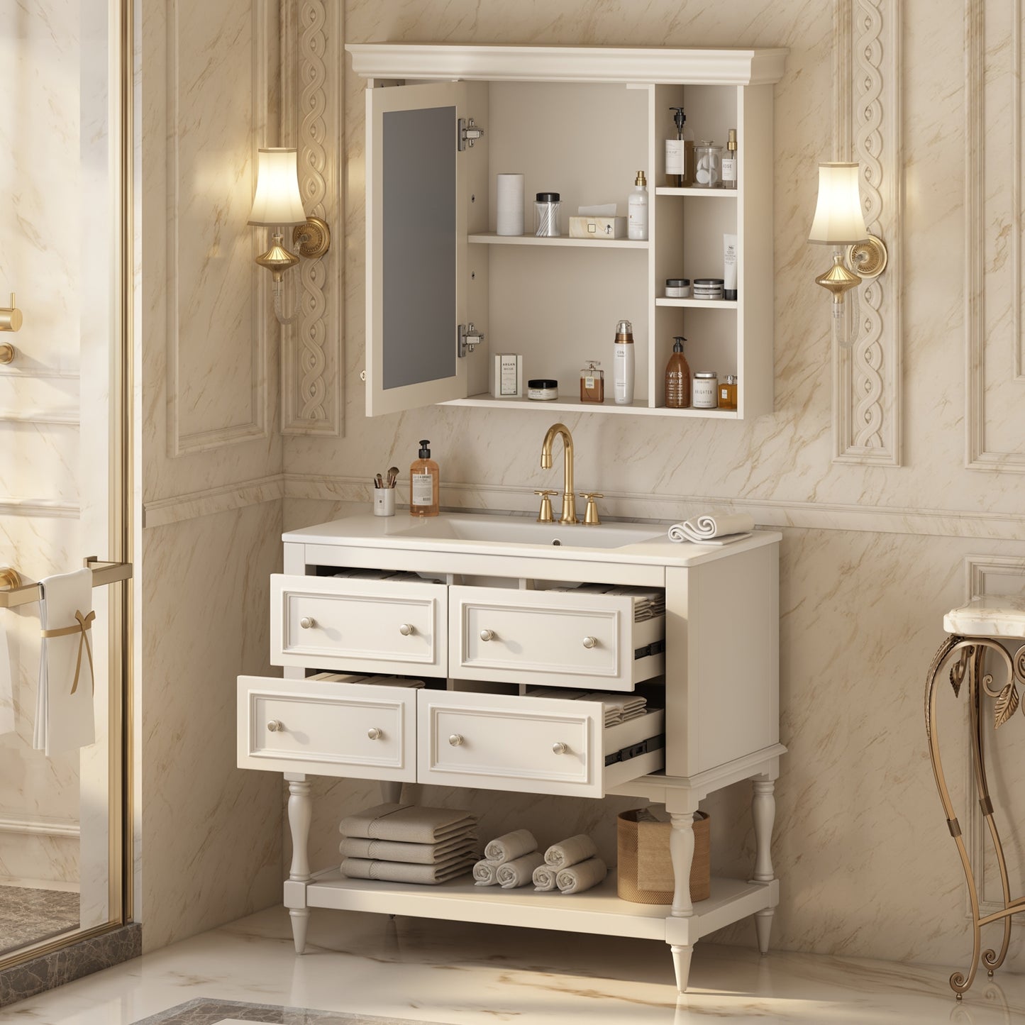 VanityFus 36-in Beige Bathroom Vanity Single Sink Medicine Cabinet Combo with Ceramic Top Undermount 1 Door 5 Drawers (Mirror Included)