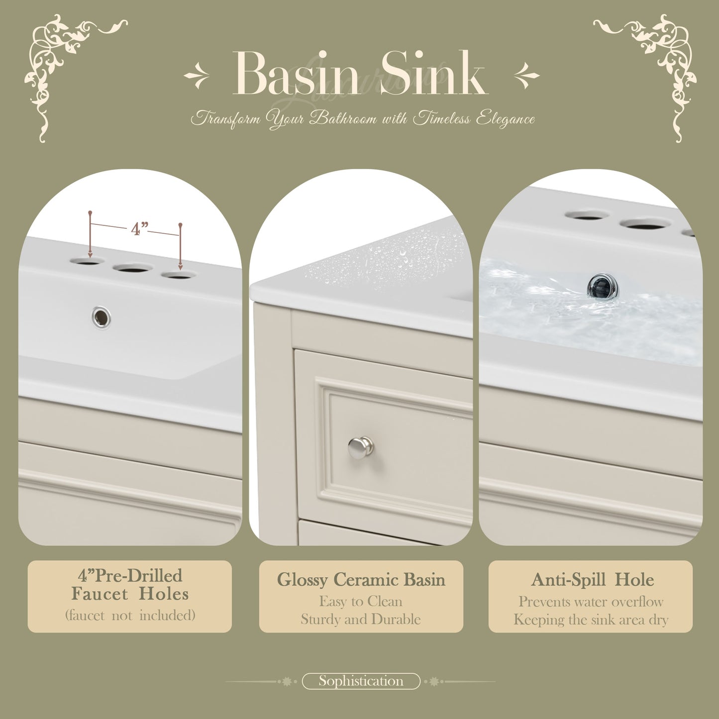 VanityFus 36-in Beige Bathroom Vanity Single Sink Medicine Cabinet Combo with Ceramic Top Undermount 1 Door 5 Drawers (Mirror Included)