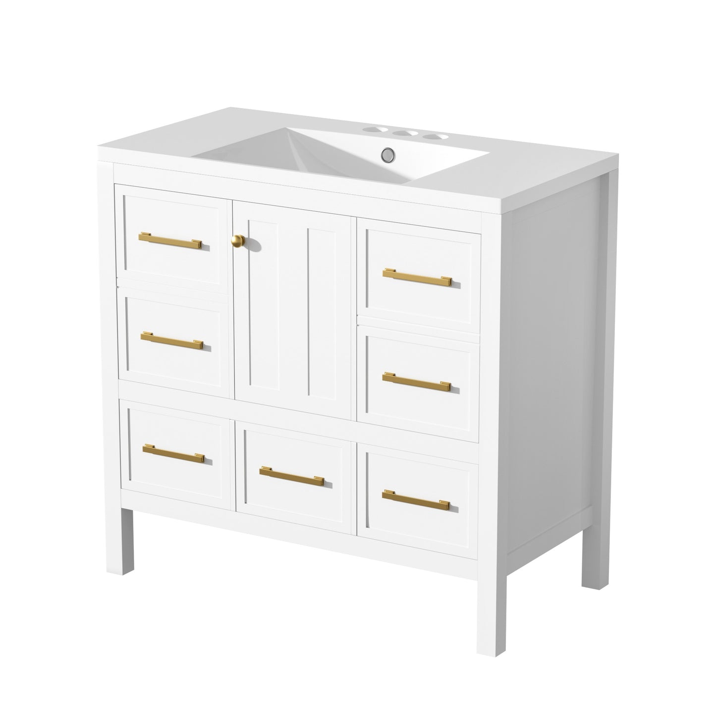 VanityFus 36-in White Bathroom Vanity Single Sink Combo with Resin Top Undermount 1 Soft Close Door 5 Drawers