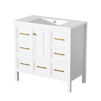 VanityFus 36-in White Bathroom Vanity Single Sink Combo with Resin Top Undermount 1 Soft Close Door 5 Drawers
