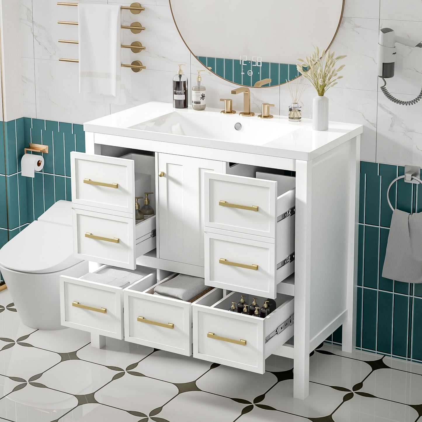 VanityFus 36-in White Bathroom Vanity Single Sink Combo with Resin Top Undermount 1 Soft Close Door 5 Drawers