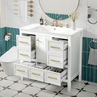 VanityFus 36-in White Bathroom Vanity Single Sink Combo with Resin Top Undermount 1 Soft Close Door 5 Drawers