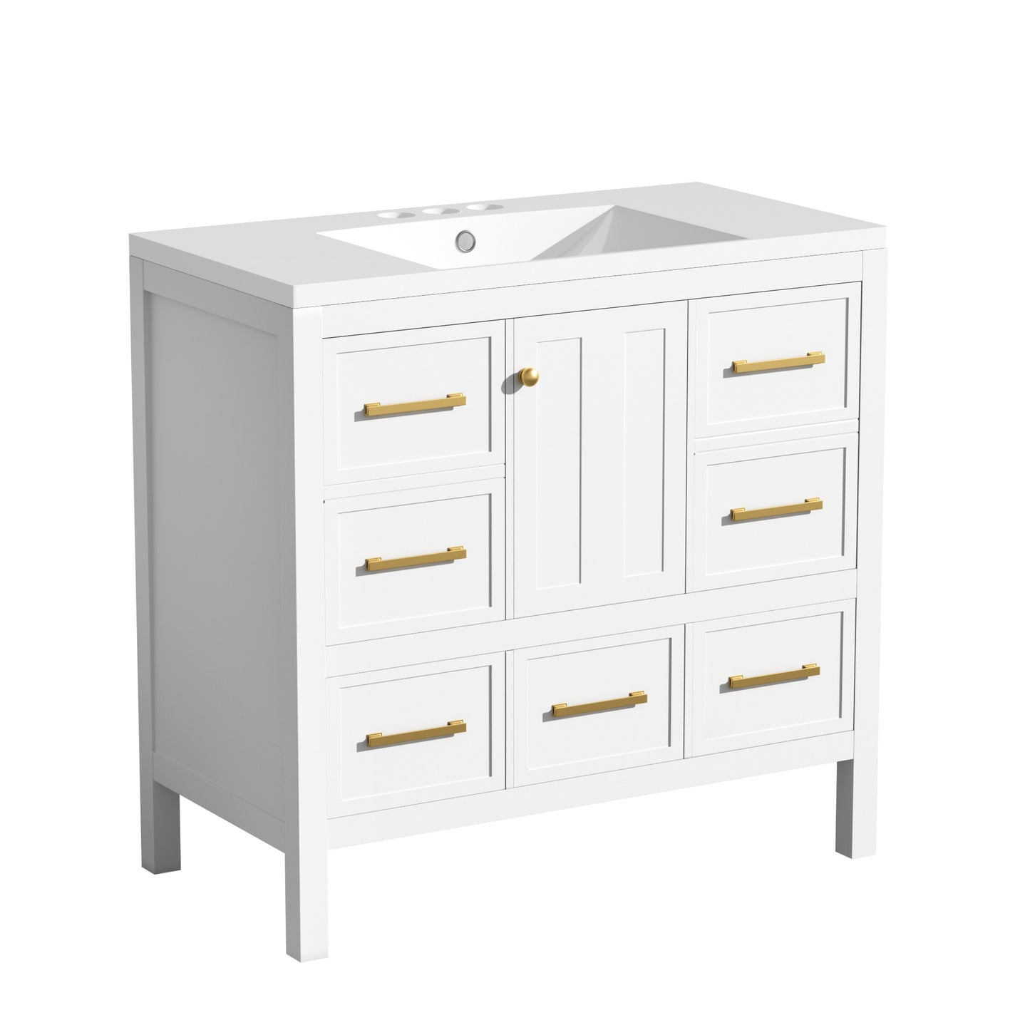 VanityFus 36-in White Bathroom Vanity Single Sink Combo with Resin Top Undermount 1 Soft Close Door 5 Drawers