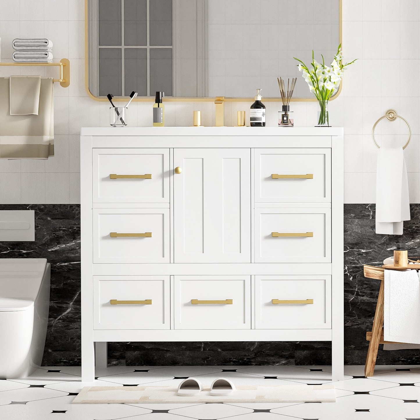 VanityFus 36-in White Bathroom Vanity Single Sink Combo with Resin Top Undermount 1 Soft Close Door 5 Drawers
