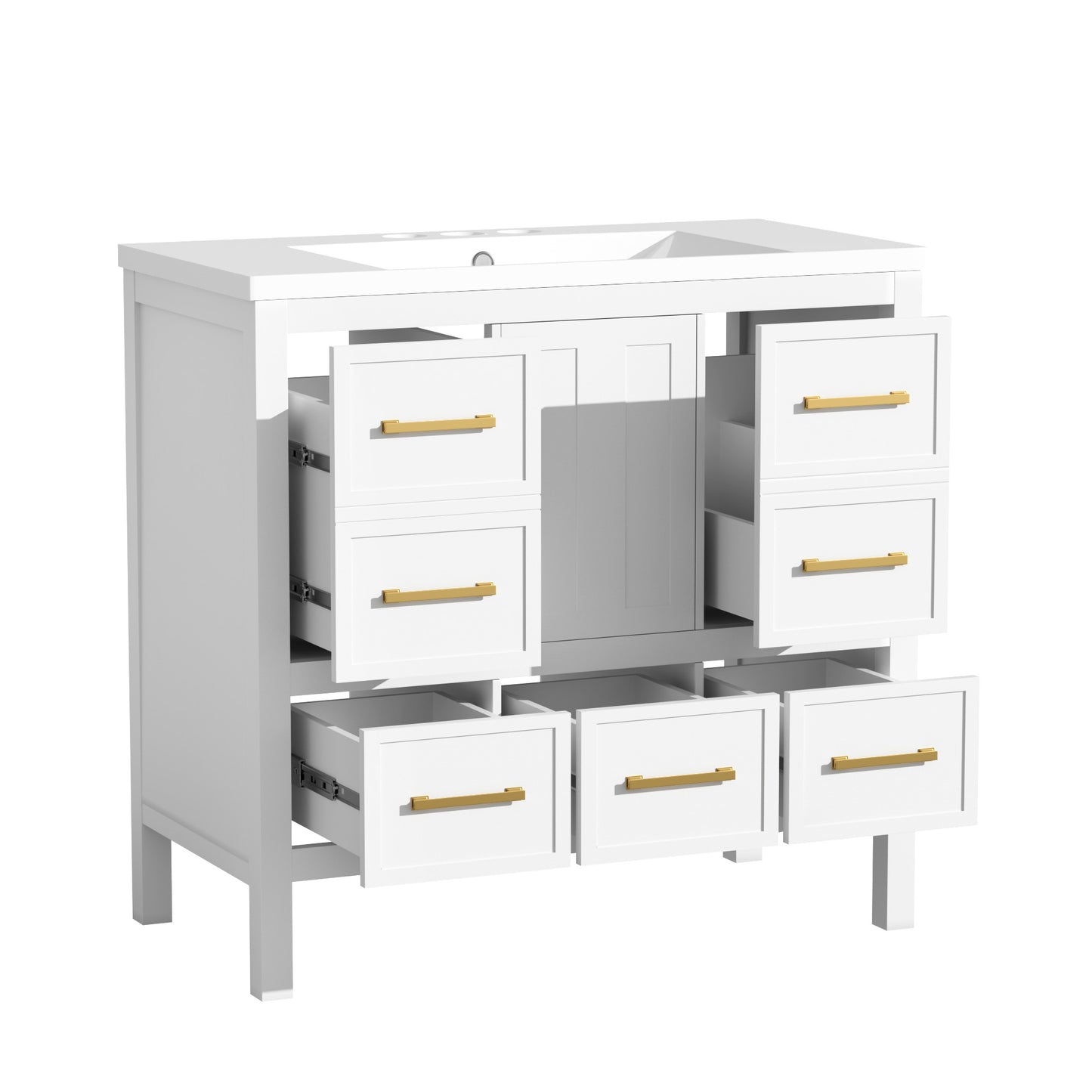 VanityFus 36-in White Bathroom Vanity Single Sink Combo with Resin Top Undermount 1 Soft Close Door 5 Drawers
