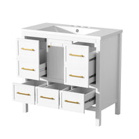 VanityFus 36-in White Bathroom Vanity Single Sink Combo with Resin Top Undermount 1 Soft Close Door 5 Drawers